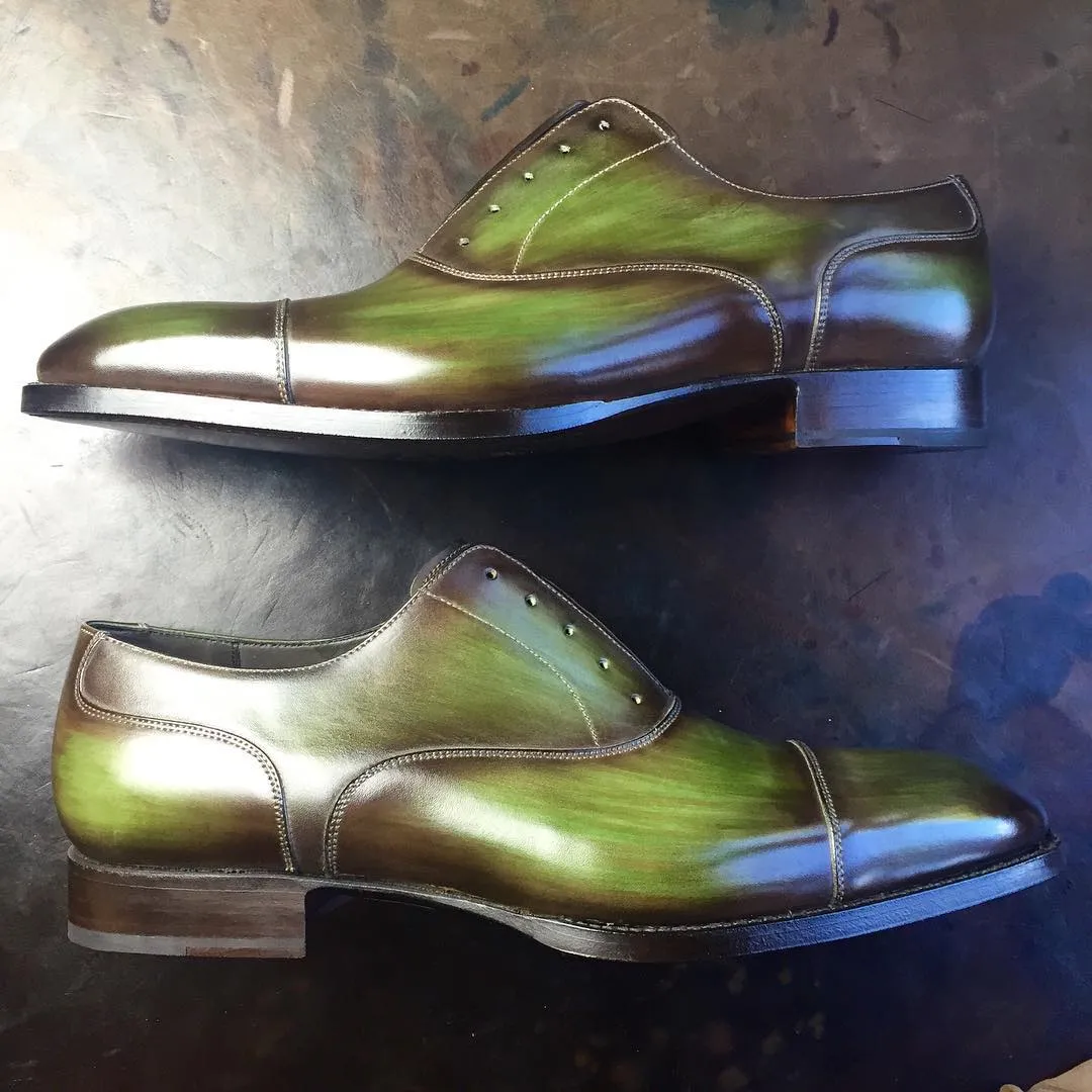 Height Increasing Green Leather Sines Toecap Oxfords - Formal Shoes sold by Costoso Italiano