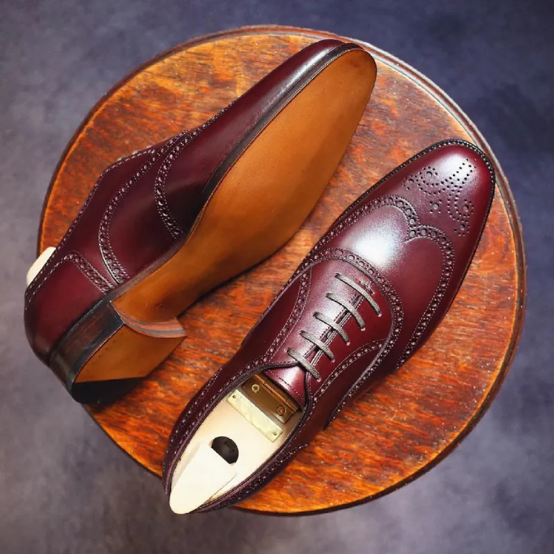 Height Increasing Burgundy Brown Leather Boudry Brogue Wingtip Oxfords - Formal Shoes sold by Costoso Italiano