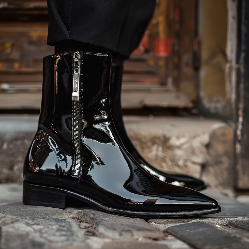 Black Patent Leather Eugenio Slip-On Pointed Zipper Boots sold by Costoso Italiano