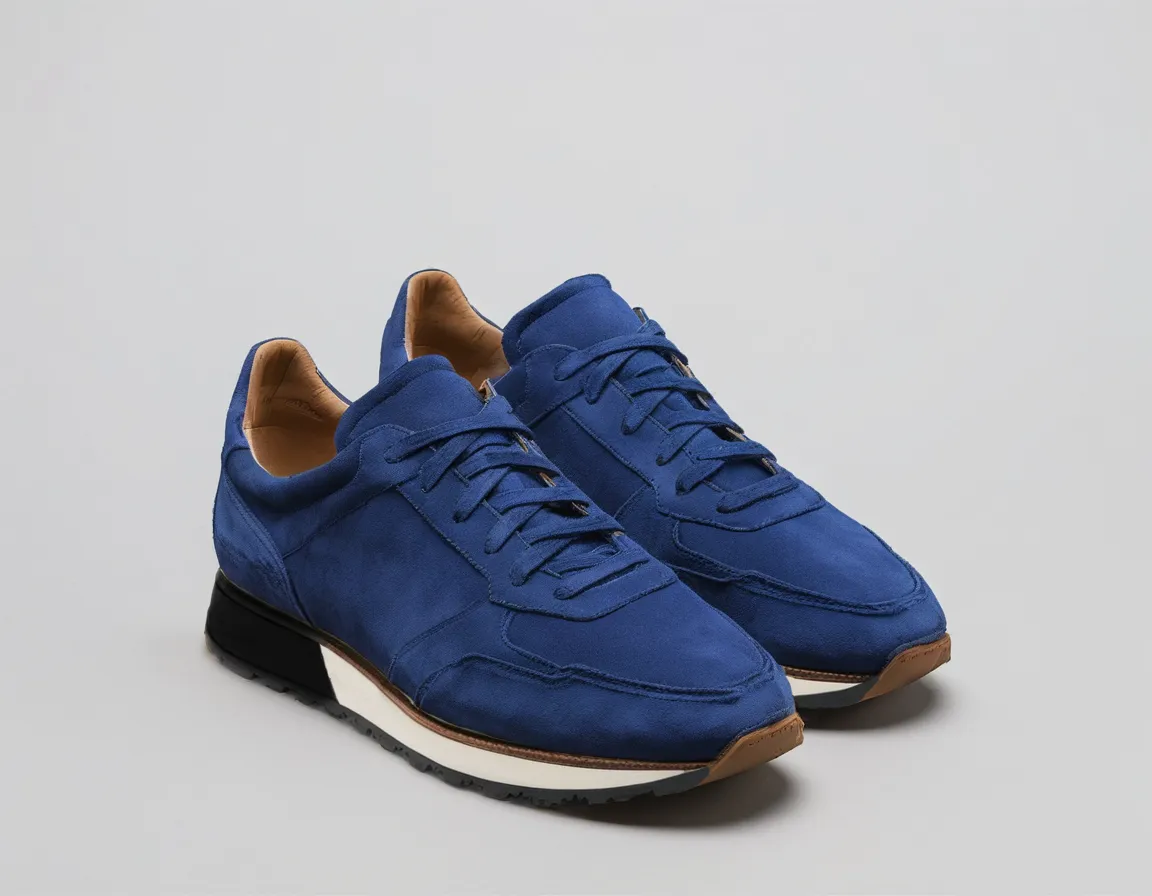 Blue Suede Leather Nausori Lace Up Running Sneaker Shoes sold by Costoso Italiano