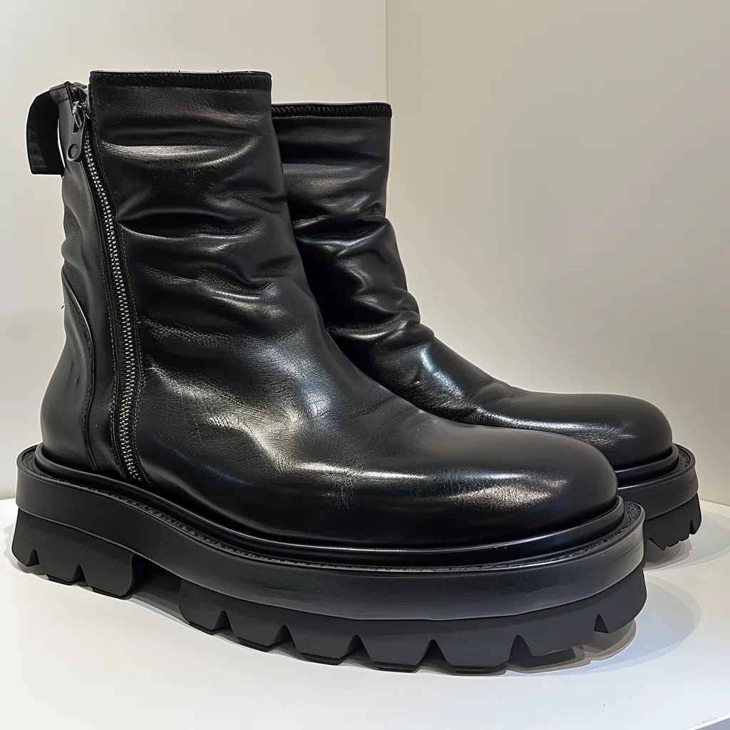 Black Leather Dionisio With Thick Sole Zipper Boots sold by Costoso Italiano