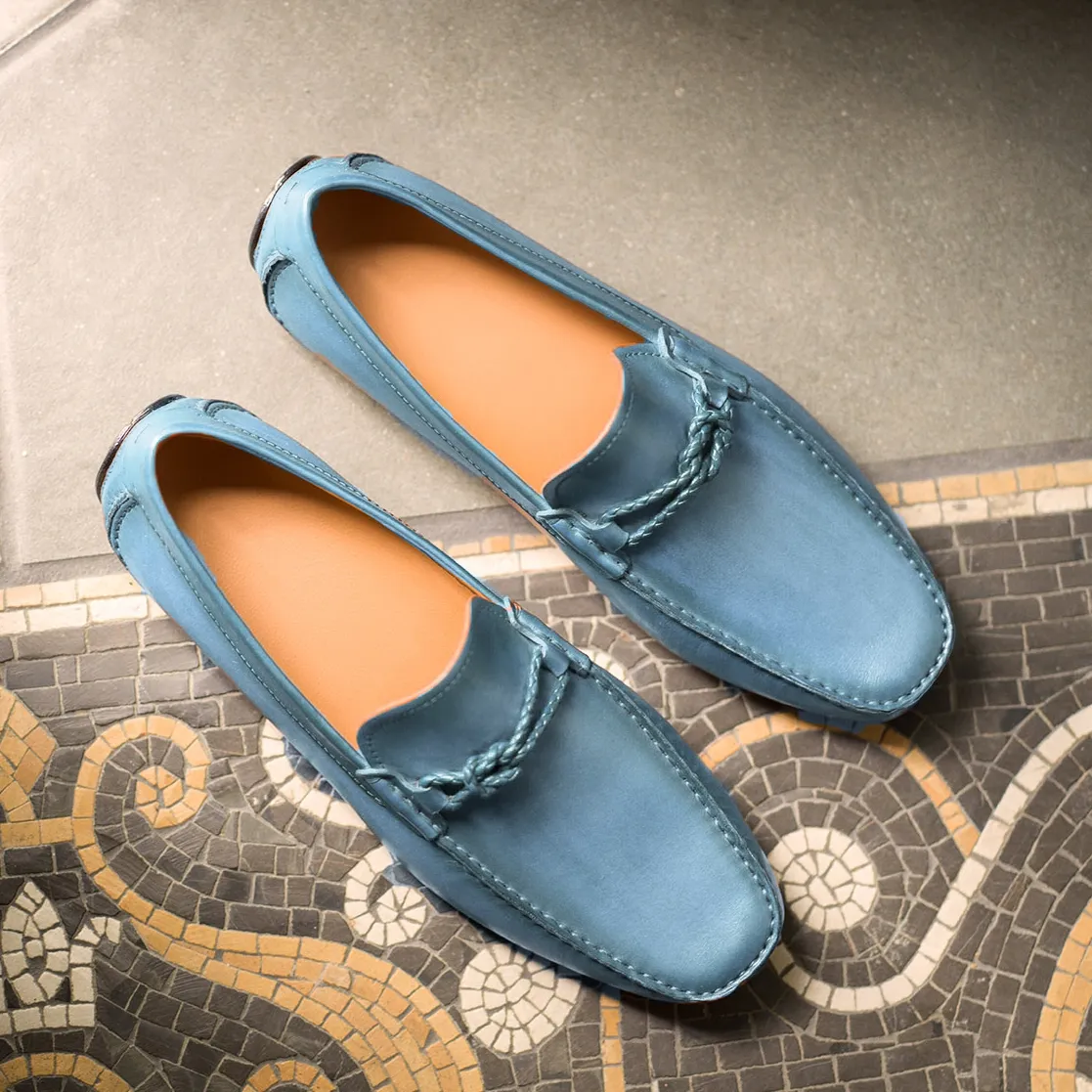 Luxury Edition - Artisian Made Sky Blue Italian Leather Davos Driving Loafers - AW22 sold by Costoso Italiano