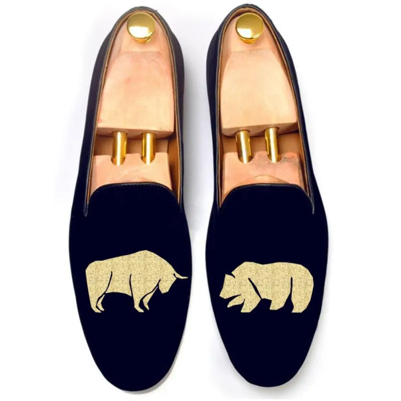 Flat Feet Shoes - Blue Velvet Bull v/s Bear Embroidered Loafers with Arch Support sold by Costoso Italiano