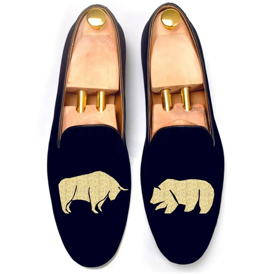 Flat Feet Shoes - Blue Velvet Bull v/s Bear Embroidered Loafers with Arch Support sold by Costoso Italiano