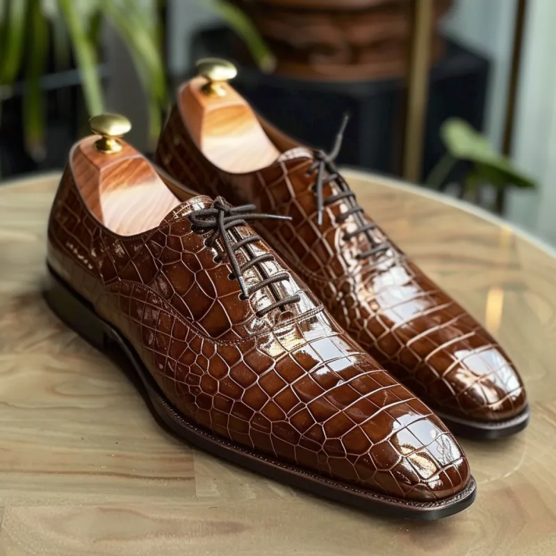 Leonzio Brown Leather Croc Print Oxford sold by Costoso Italiano