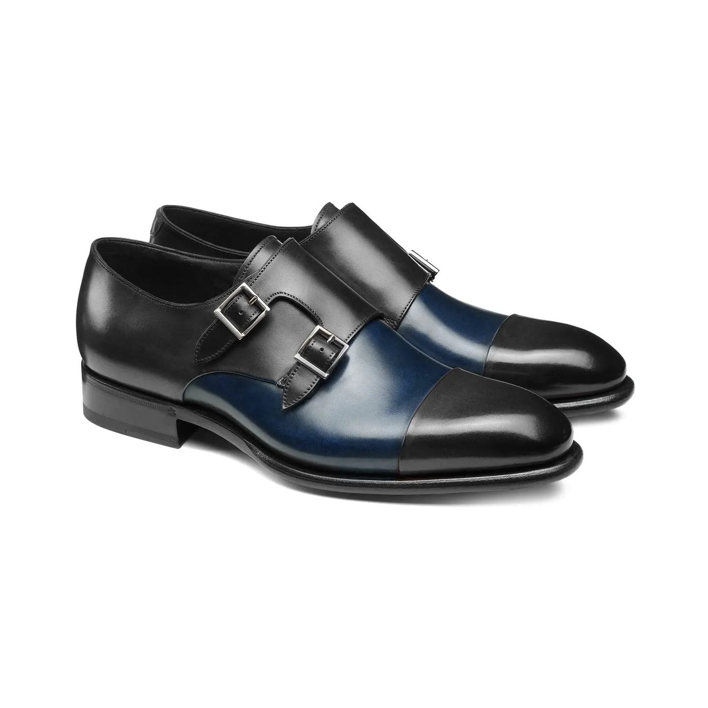 Flat Feet Shoes - Navy Blue and Black Leather Castle Monk Straps with Arch Support sold by Costoso Italiano