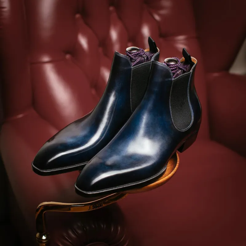 Navy Blue Leather Elvas Slip On Chelsea Boots - AW24 sold by Costoso Italiano