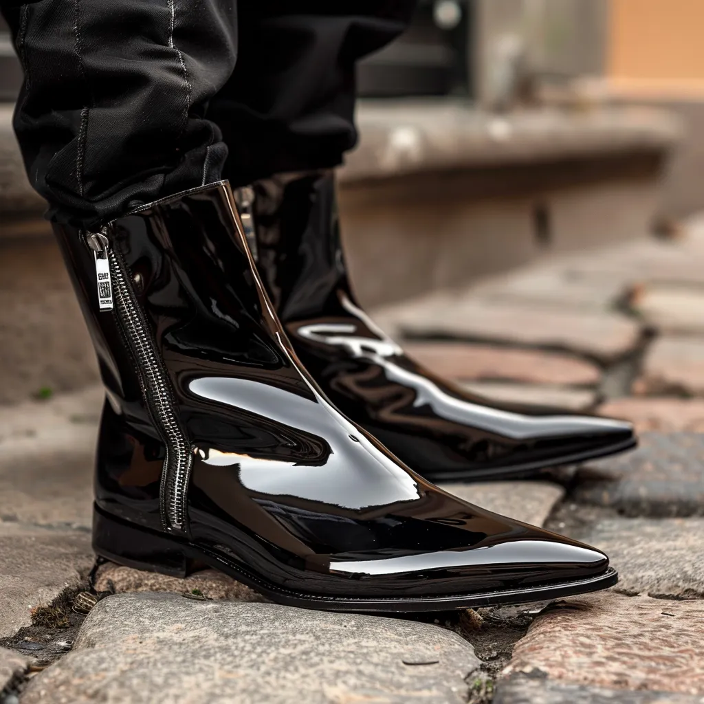 Black Patent Leather Faustino Slip-On Pointed Zipper Boots sold by Costoso Italiano