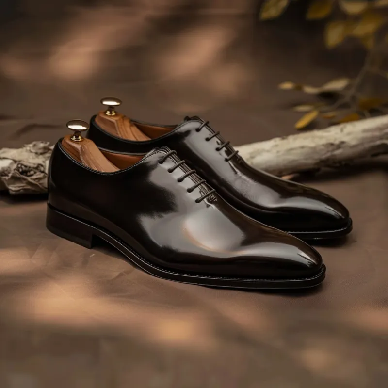 Black Leather Whole Cut Pointed Toe Cap Lace-Up Oxford Shoe - Summer 2024 Collection sold by Costoso Italiano