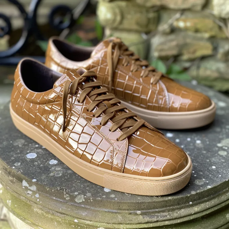 Tan Croc Print Leather Patrizio Lace Up Sneakers sold by Costoso Italiano