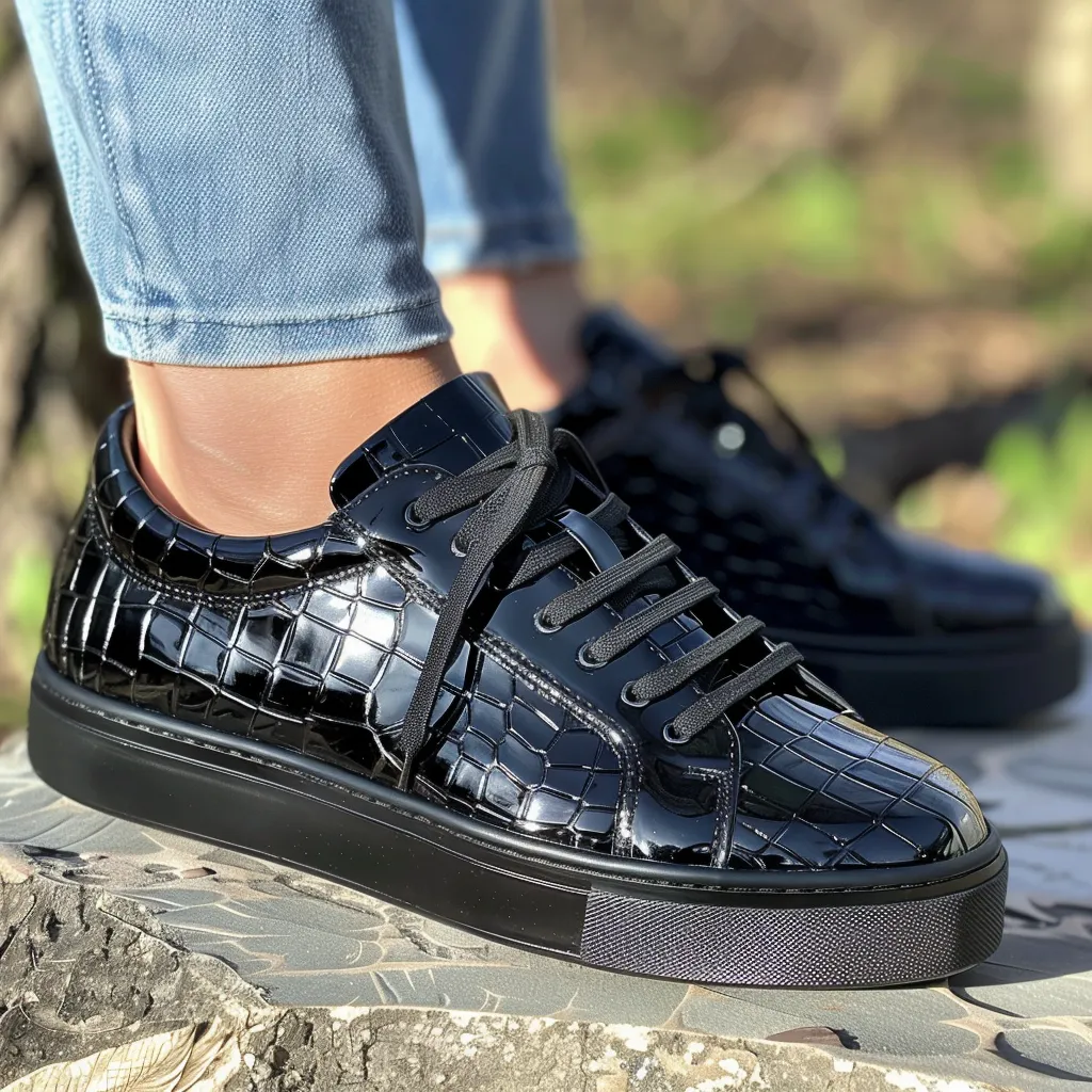 Black Croc Print Leather Natalino Lace Up Sneakers sold by Costoso Italiano