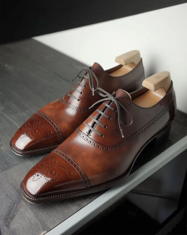 Tan Leather Aislinn Brogue Toe Cap Oxfords - Formal Shoes sold by Costoso Italiano