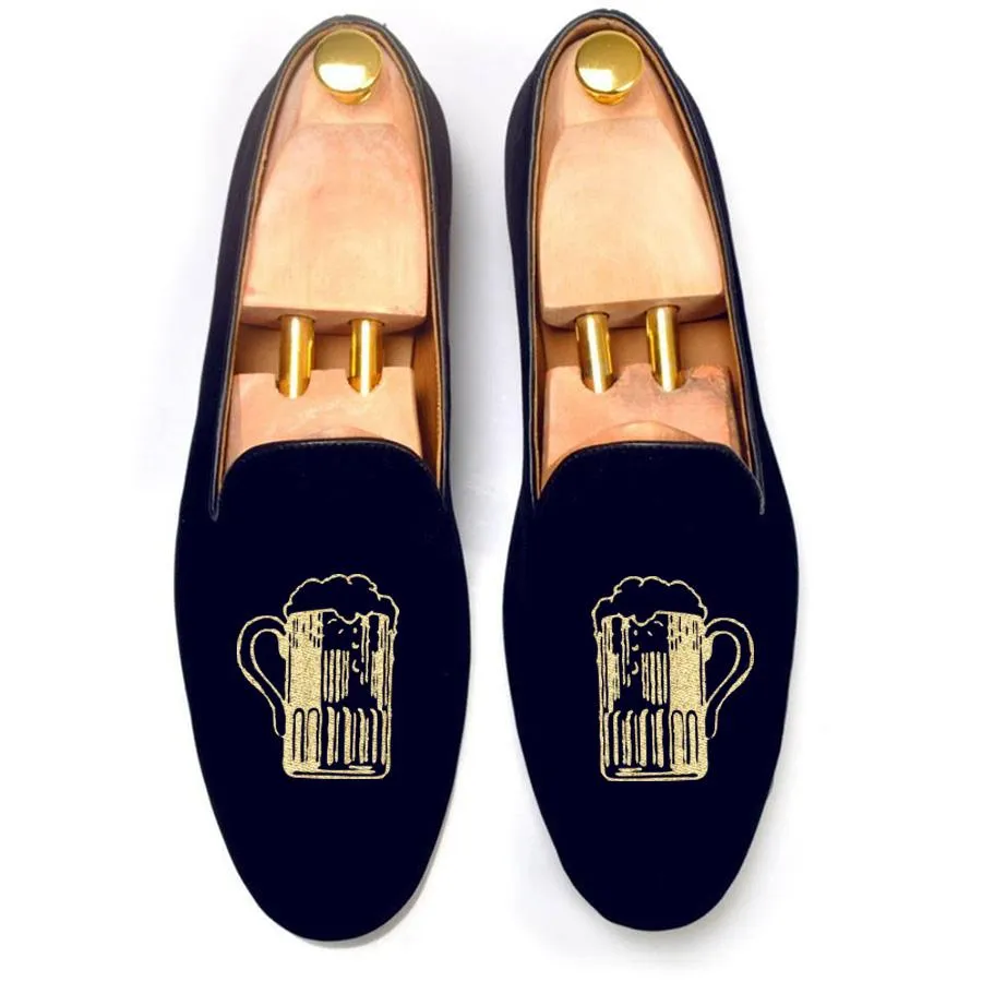 Flat Feet Shoes - Blue Velvet Beer Embroidered Loafers with Arch Support sold by Costoso Italiano