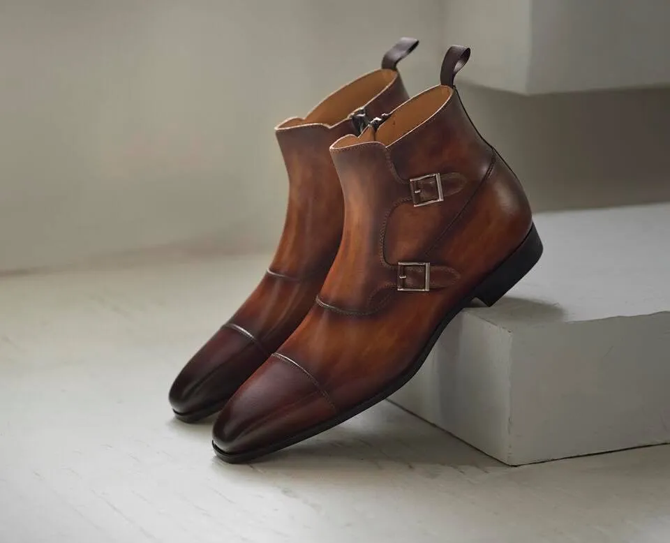 Tan Leather Eleazar Zipper Monk Strap Boots - SS23 sold by Costoso Italiano