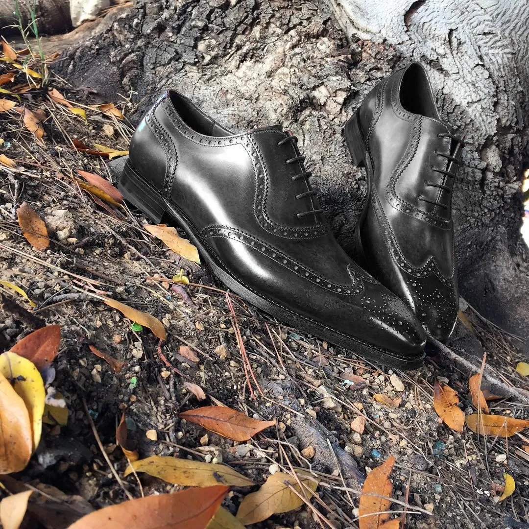 Black Leather Guarda Brogue Wingtip Oxfords - Formal Shoes sold by Costoso Italiano