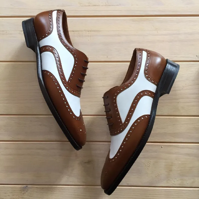 Tan and White Leather Lamego Brogue Oxfords - Formal Shoes - Summer 2024 Collection sold by Costoso Italiano