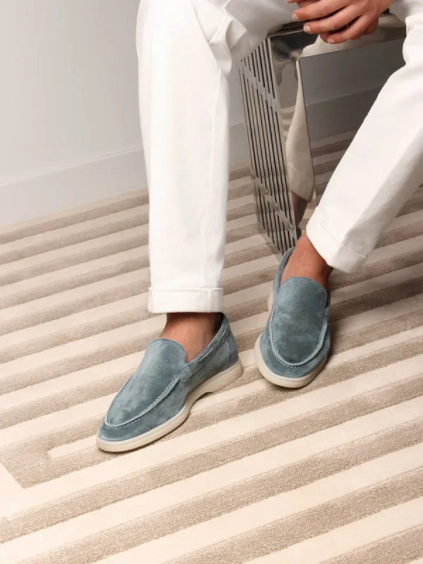 Sky Blue Suede Athena Yatch Loafers with White Soles - Summer 2024 Collection sold by Costoso Italiano