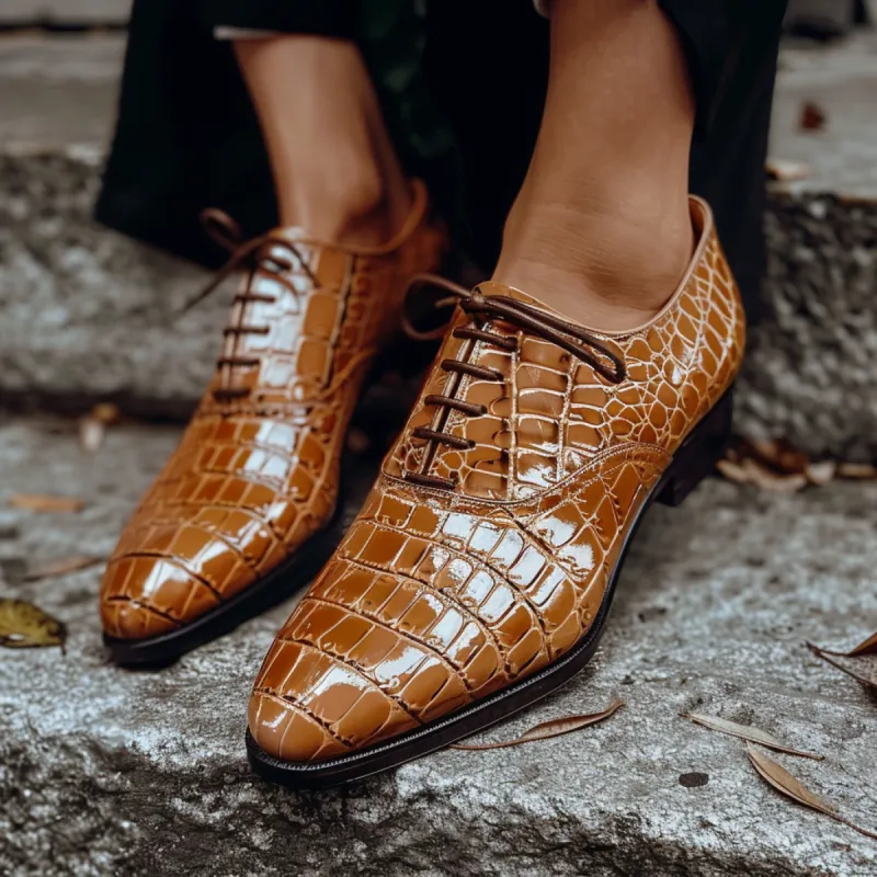 Lodovico Tan Leather Croc Print Oxford sold by Costoso Italiano