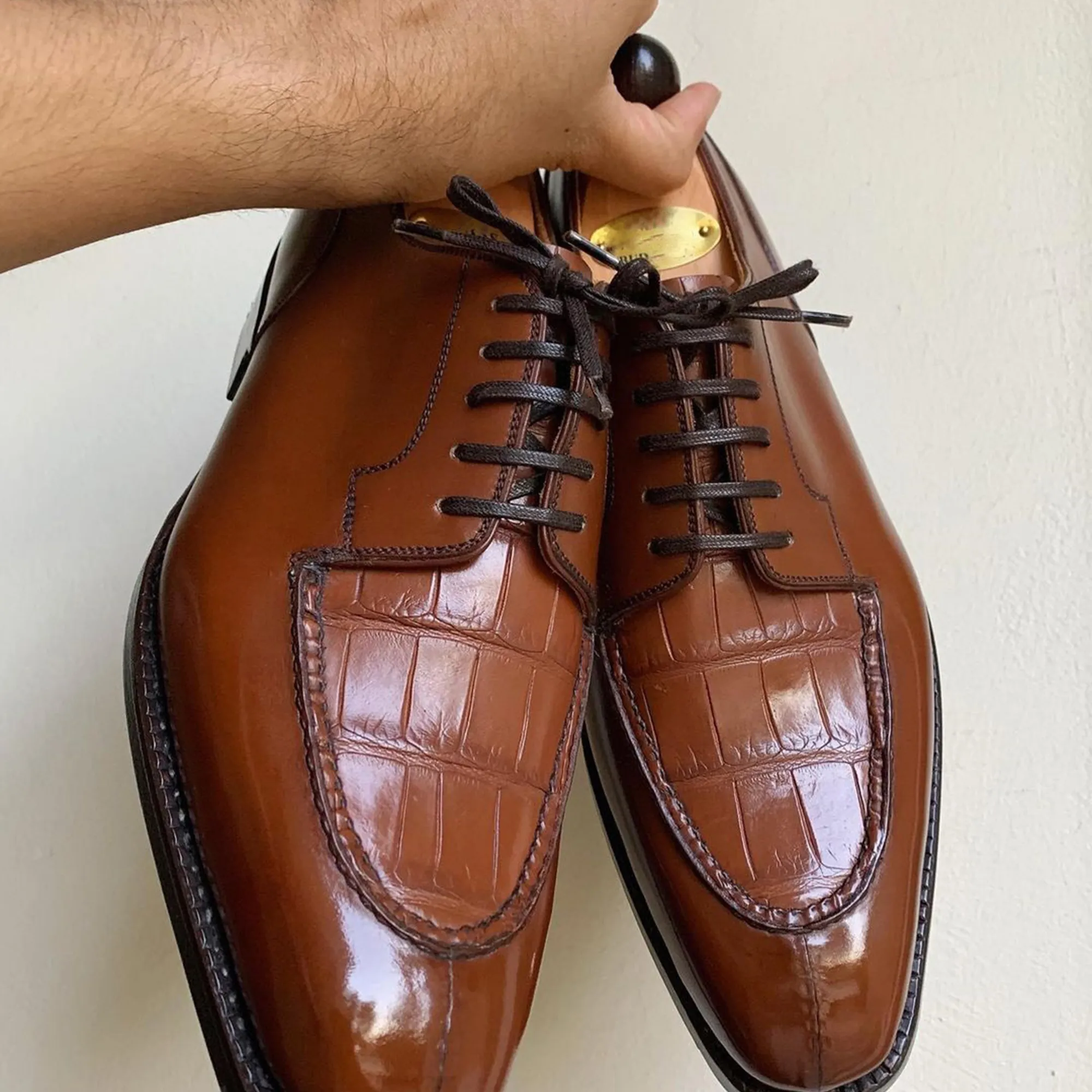 Tan Crocodile Print Leather Torno Derby Shoes sold by Costoso Italiano