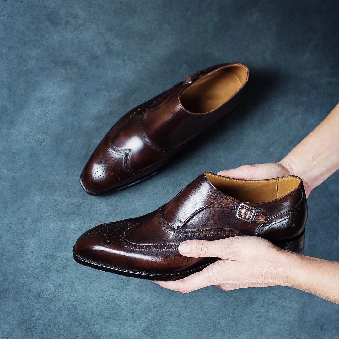 Brown Leather Barcelos Monk Straps sold by Costoso Italiano