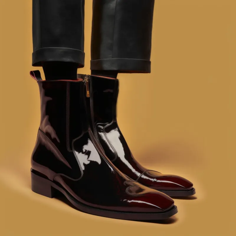 Black Patent Leather Alice Slip On Zipper Boots for Men sold by Costoso Italiano