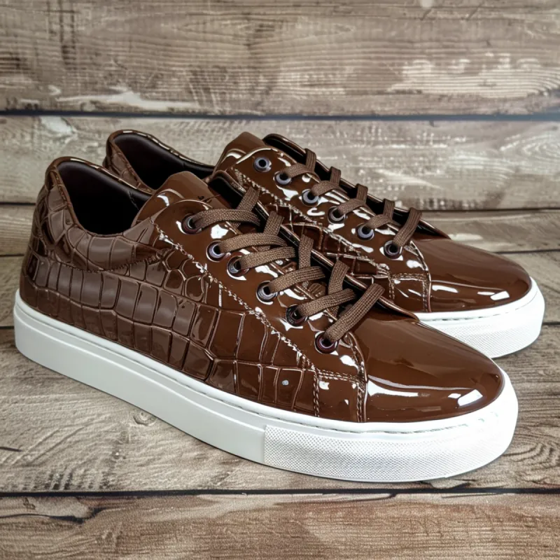 Brown Croc Print Leather Palmiro Lace Up With White Sole Sneakers sold by Costoso Italiano