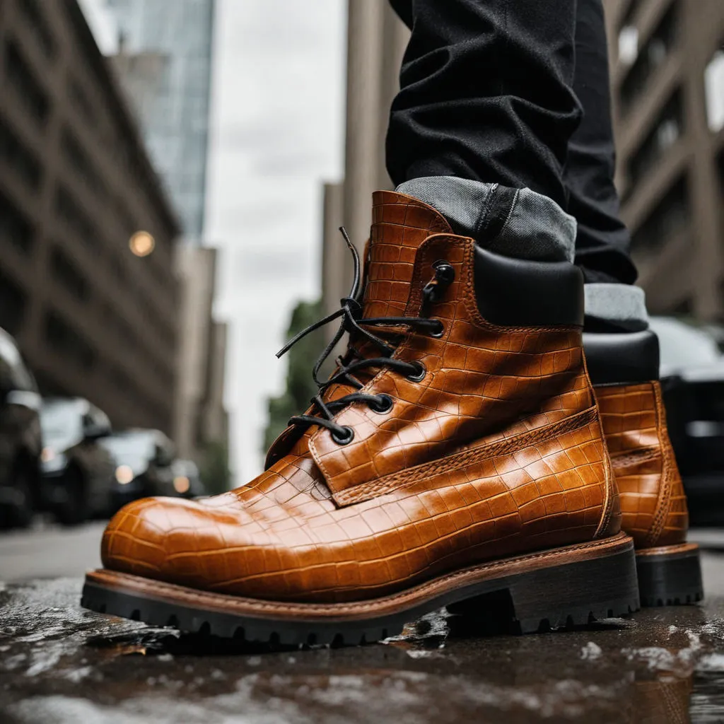 Tan Croc Print Leather Appoggio Ankle Rugged Lace Up Combat Hiking Boots with Chunky Track Sole sold by Costoso Italiano