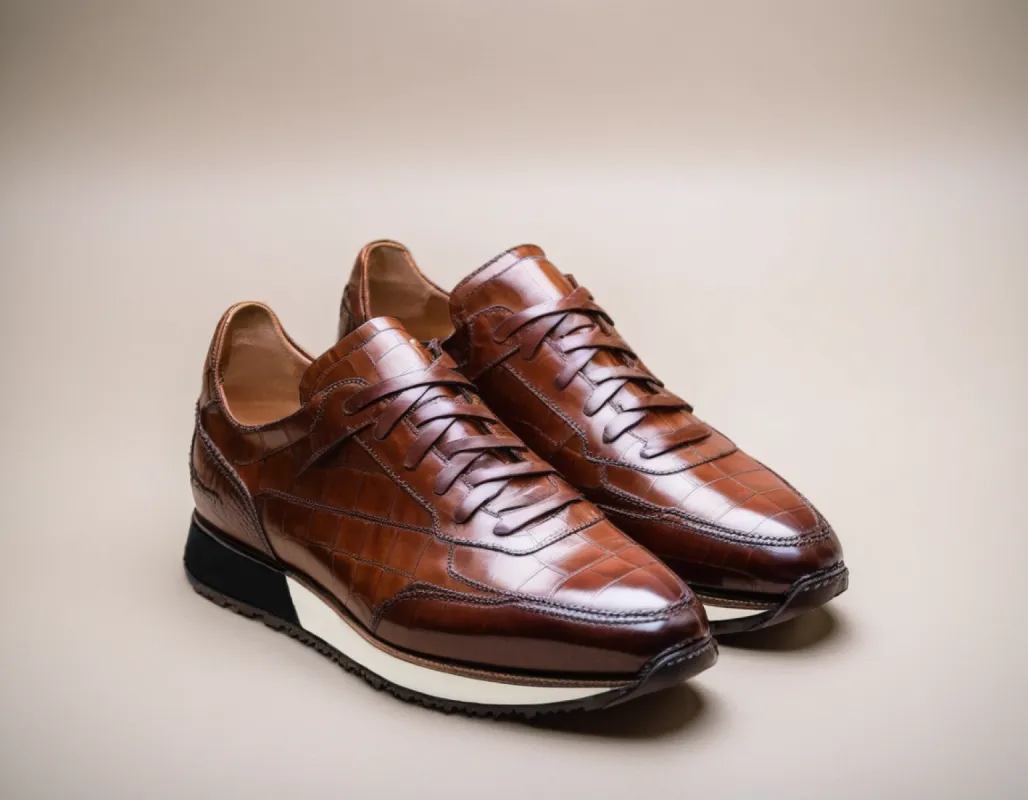 Brown Croc Print Leather Nausori Lace Up Running Sneaker Shoes sold by Costoso Italiano