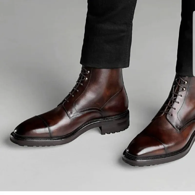 Height Increasing Brown Leather Likech Lace Up Combat Boots -AW24 sold by Costoso Italiano