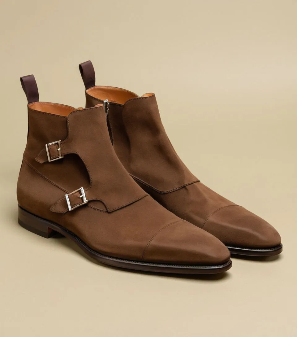 Brown Suede Leather Bordeaux Zipper Monk Strap Boots sold by Costoso Italiano