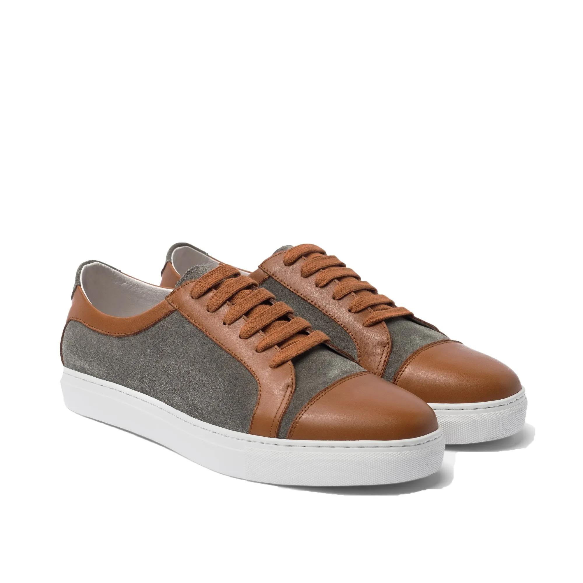 Height Increasing Tan Leather and Grey Suede Angus Lace Up Sneakers sold by Costoso Italiano