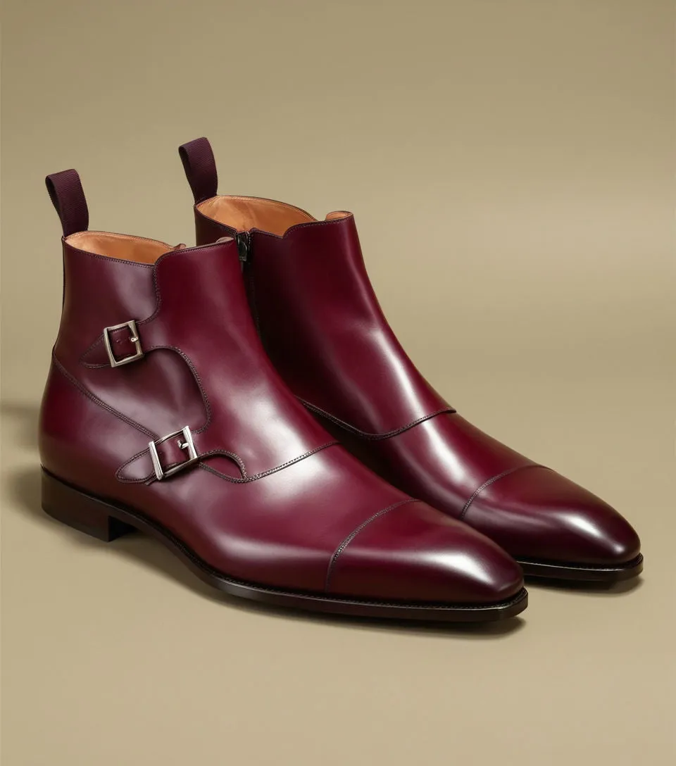 Burgundy Leather Bordeaux Zipper Monk Strap Boots sold by Costoso Italiano
