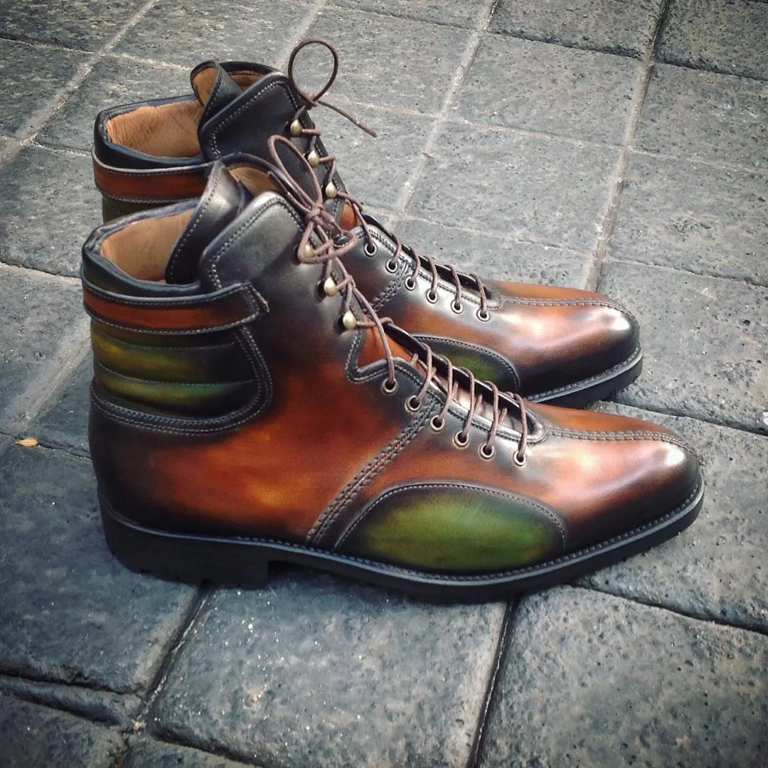 Tan and Green Leather Hellin Chelsea Boots sold by Costoso Italiano