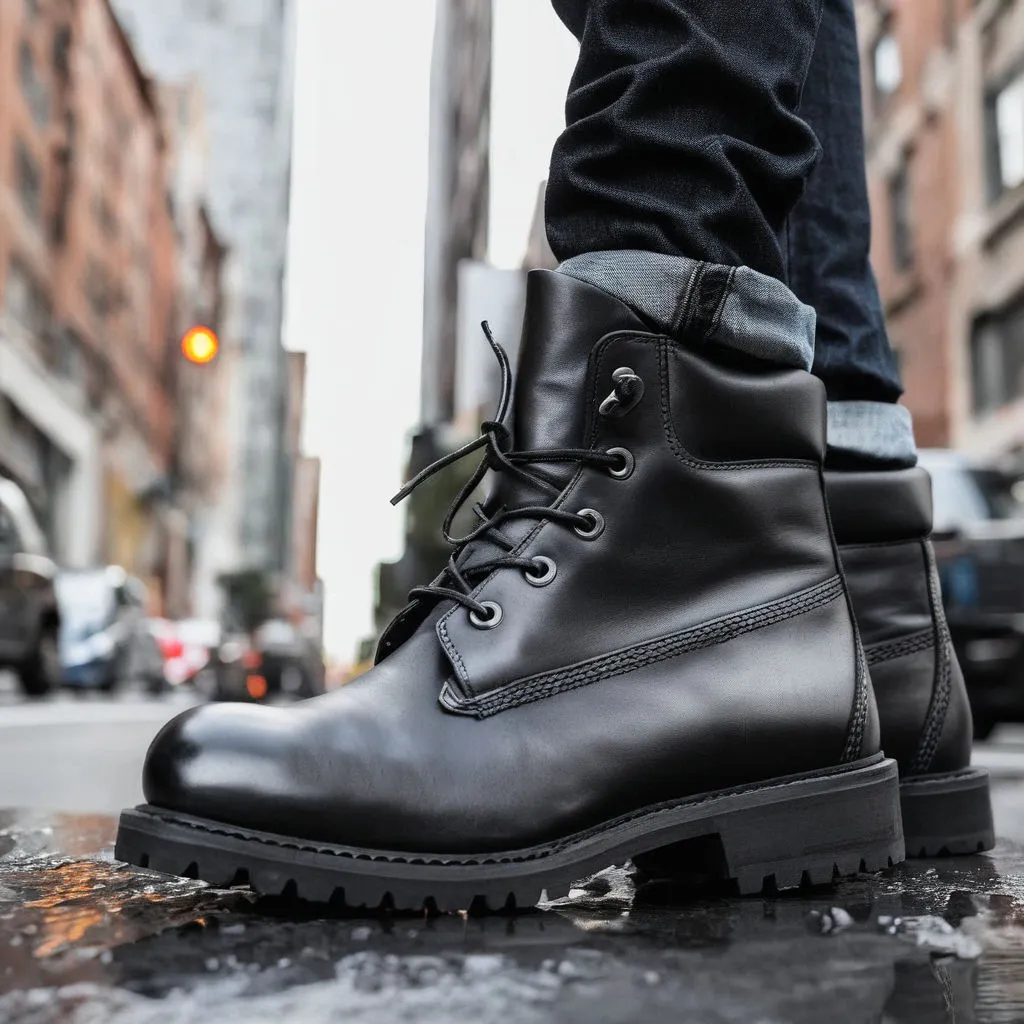 Black Leather Appoggio Ankle Rugged Lace Up Combat Hiking Boots with Chunky Track Sole sold by Costoso Italiano