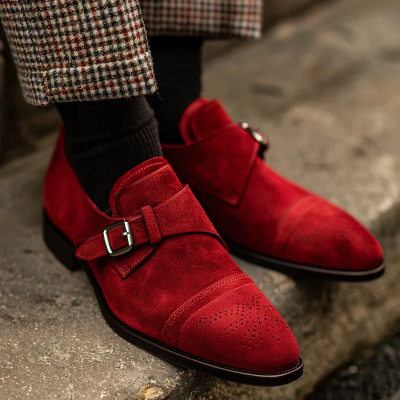 Red Suede Leather Pasquale Slip-On Monk Straps sold by Costoso Italiano