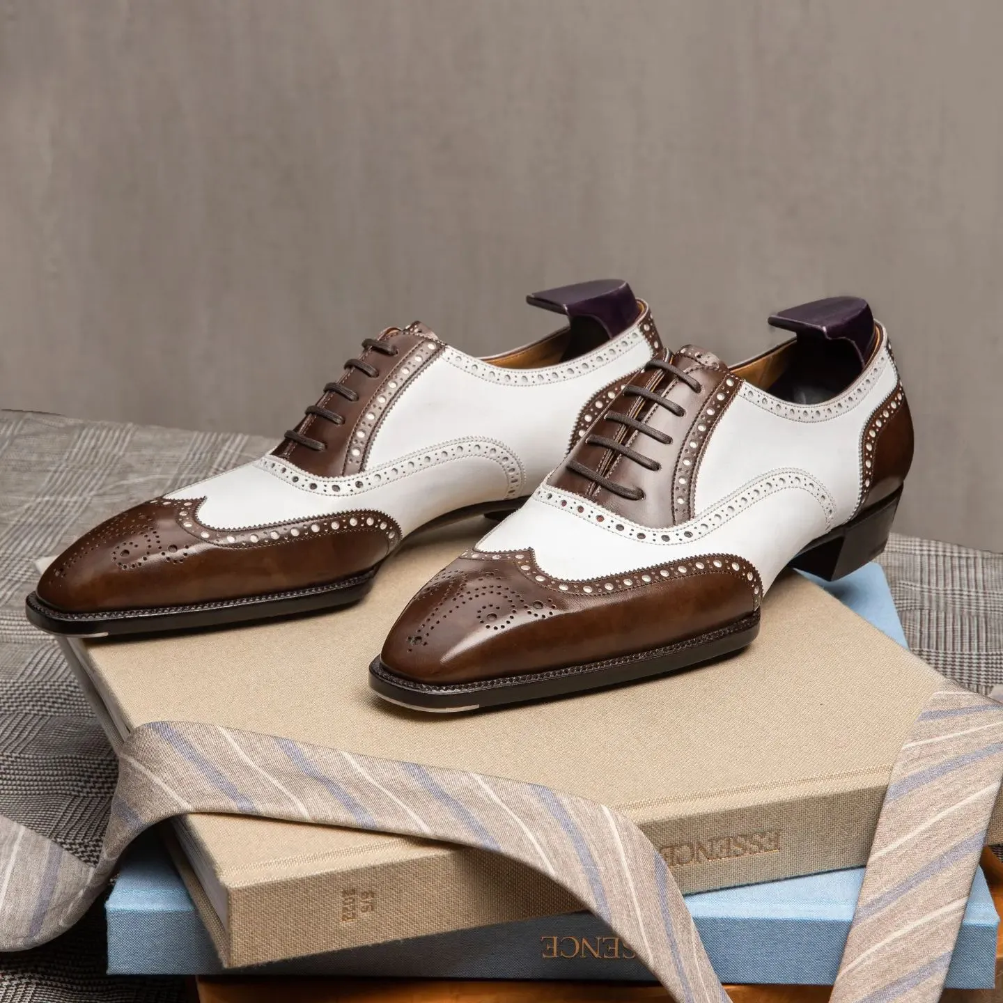White and Brown Leather Brogue Frost Caramel Oxford Shoes - Summer 2024 Collection sold by Costoso Italiano