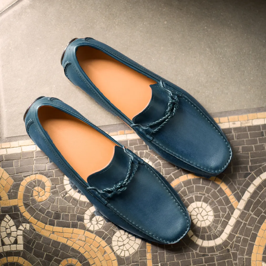 Navy Blue Leather Davos Driving Loafers - AW22 sold by Costoso Italiano