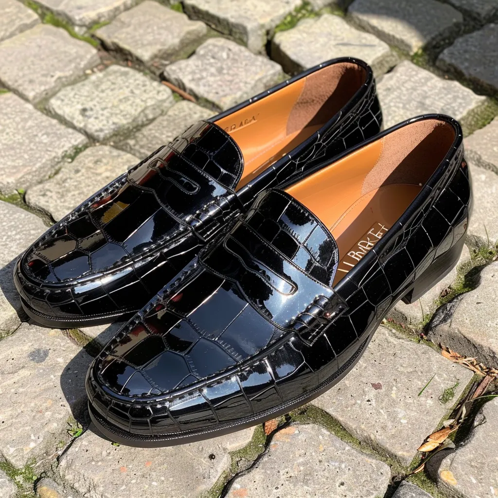 Black Croc Print Leather Aureliano Loafers sold by Costoso Italiano