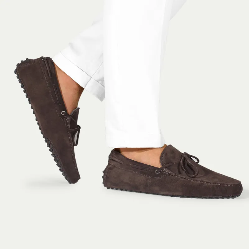 Chocolate Brown Suede Ophelia Driving Loafers - AW24 sold by Costoso Italiano