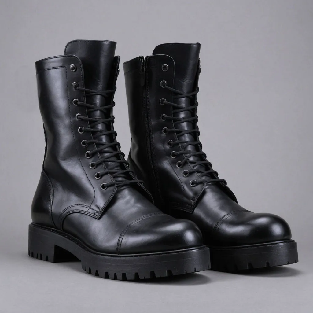 Black Leather Oriella Lace Up Chunky Derby Boots with Zipper and Track Sole - AW24 - Hiking and Trekking Boots sold by Costoso Italiano