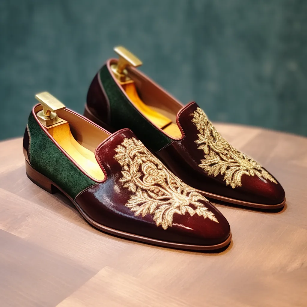 Burgundy Leather With Green Suede Embroidery Work Peshawari Loafers | Wedding Shoes for Groom | Shoes for Haldi Mehendi Sangeet sold by Costoso Italiano