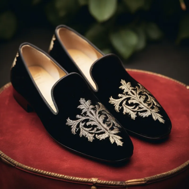 Black Velvet Hand Work Zardozi Peshawari Loafers | Wedding Shoes for Groom | Shoes for Haldi Mehendi Sangeet sold by Costoso Italiano