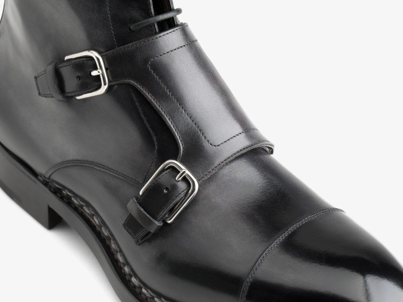Flat Feet Shoes - Norwegian Welted Mafra Black Leather Double Monk Strap Oxford Boot with Arch Support sold by Costoso Italiano product image thumbnail 4