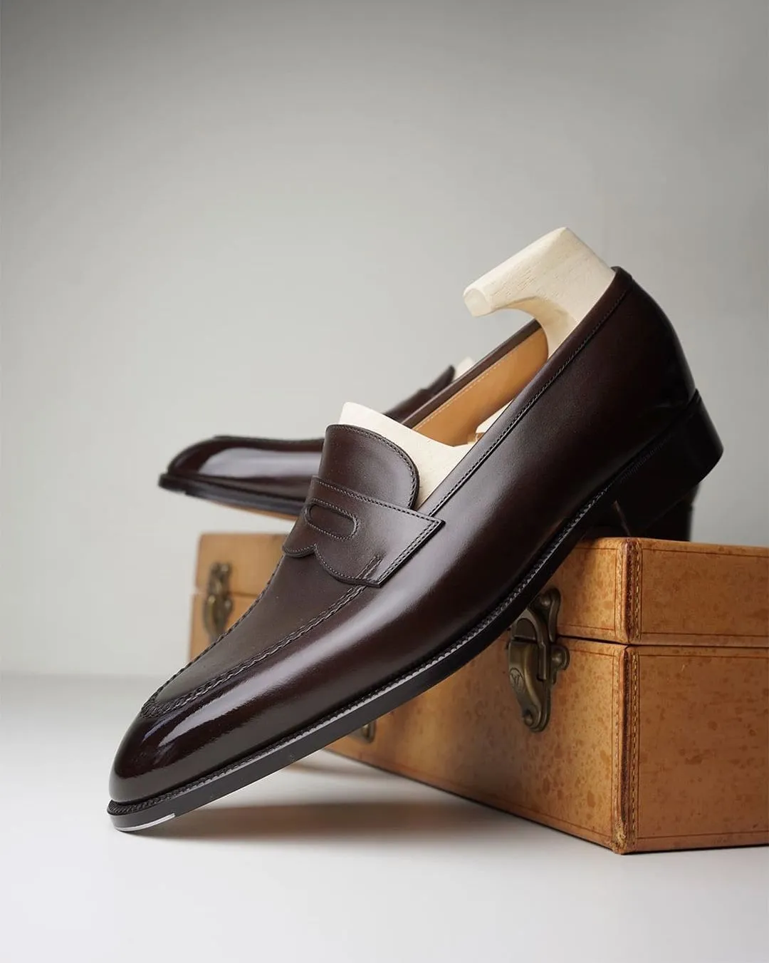Brown Italian Leather Buin Slip On Penny Loafers sold by Costoso Italiano