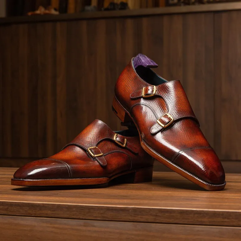 Tan Milled Grain Leather Sintra Double Toe Cap Monk Straps - AW24 sold by Costoso Italiano