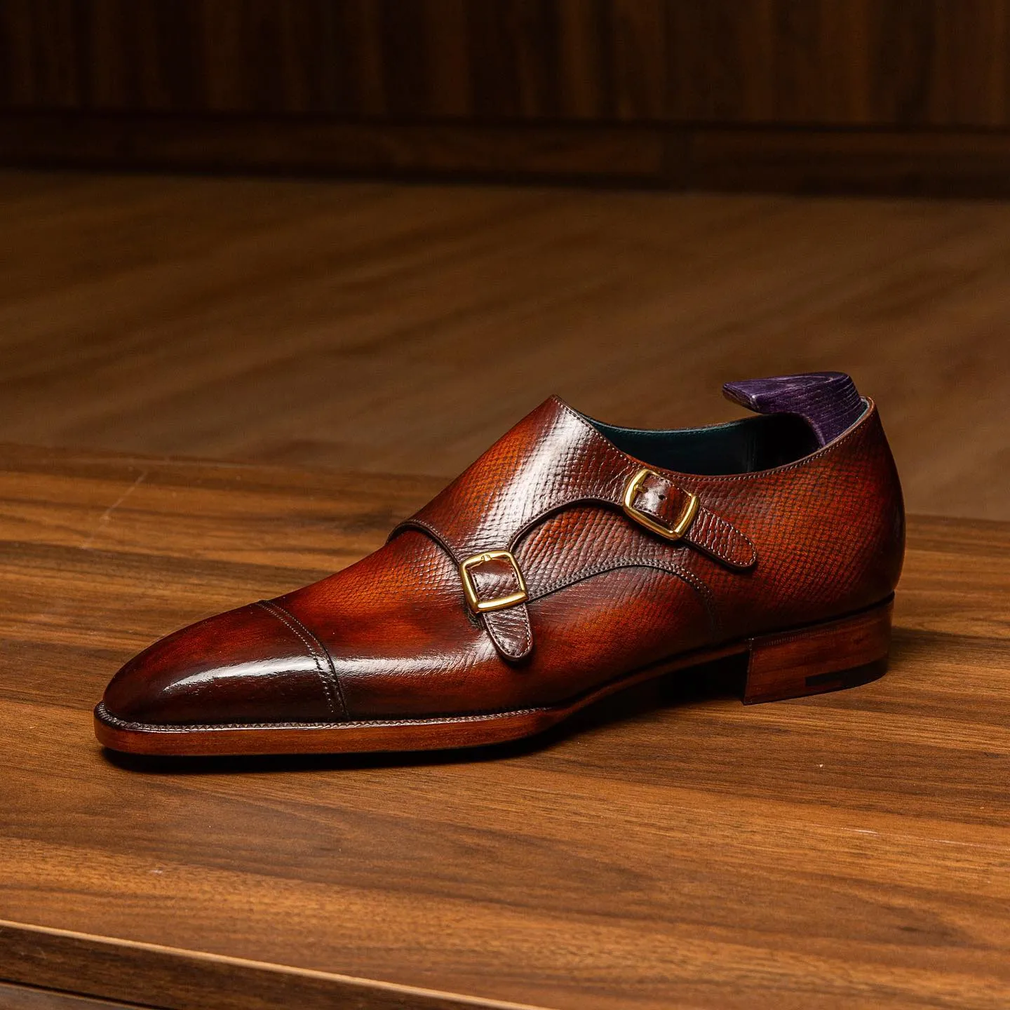 Tan Milled Grain Leather Sintra Double Toe Cap Monk Straps - AW24 sold by Costoso Italiano product image thumbnail 2