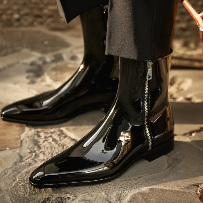 Black Patent Leather Eutizio Slip-On Pointed Zipper Boots sold by Costoso Italiano