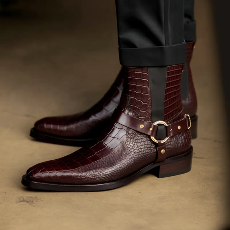 Burgundy Brown Crocodile Print Leather Danton Slip On Harness Chelsea Boots for Men sold by Costoso Italiano
