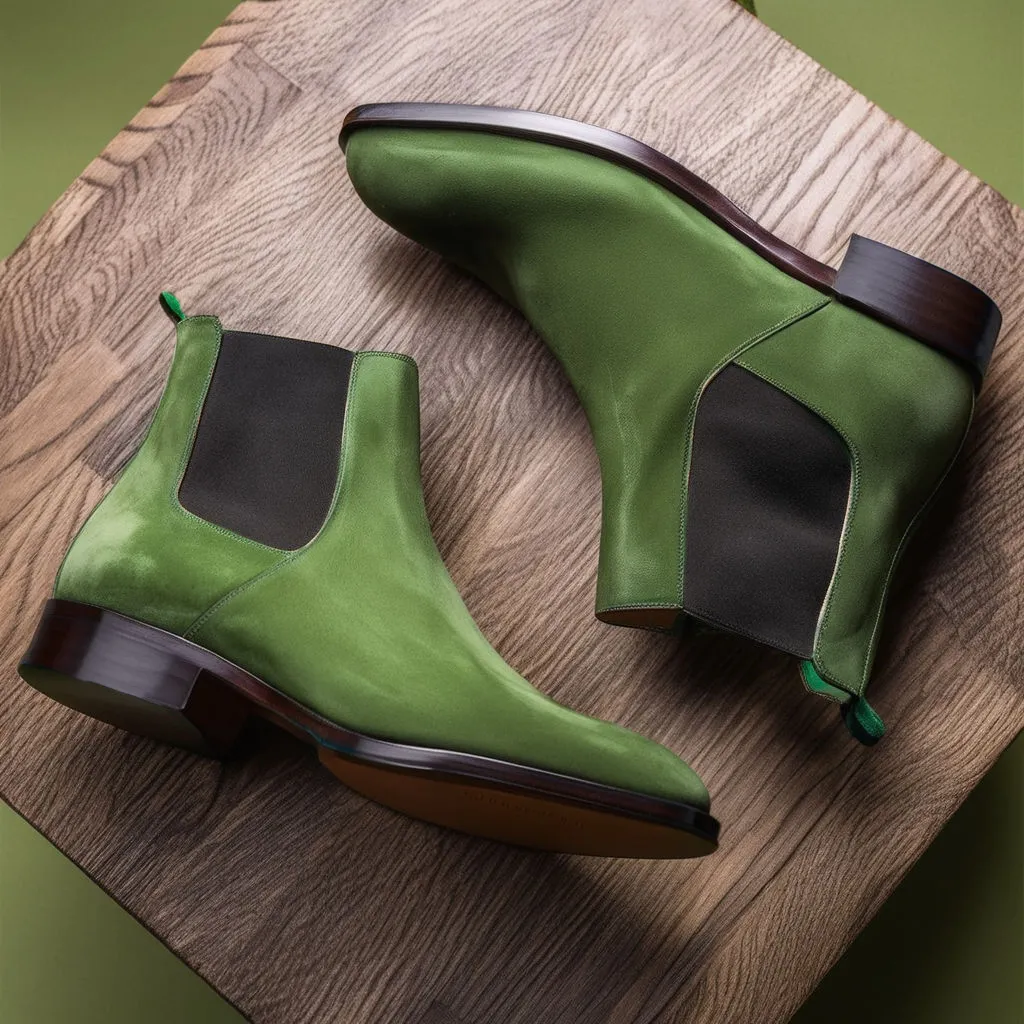 Green Suede Leather Seville Slip On Chelsea Boots sold by Costoso Italiano