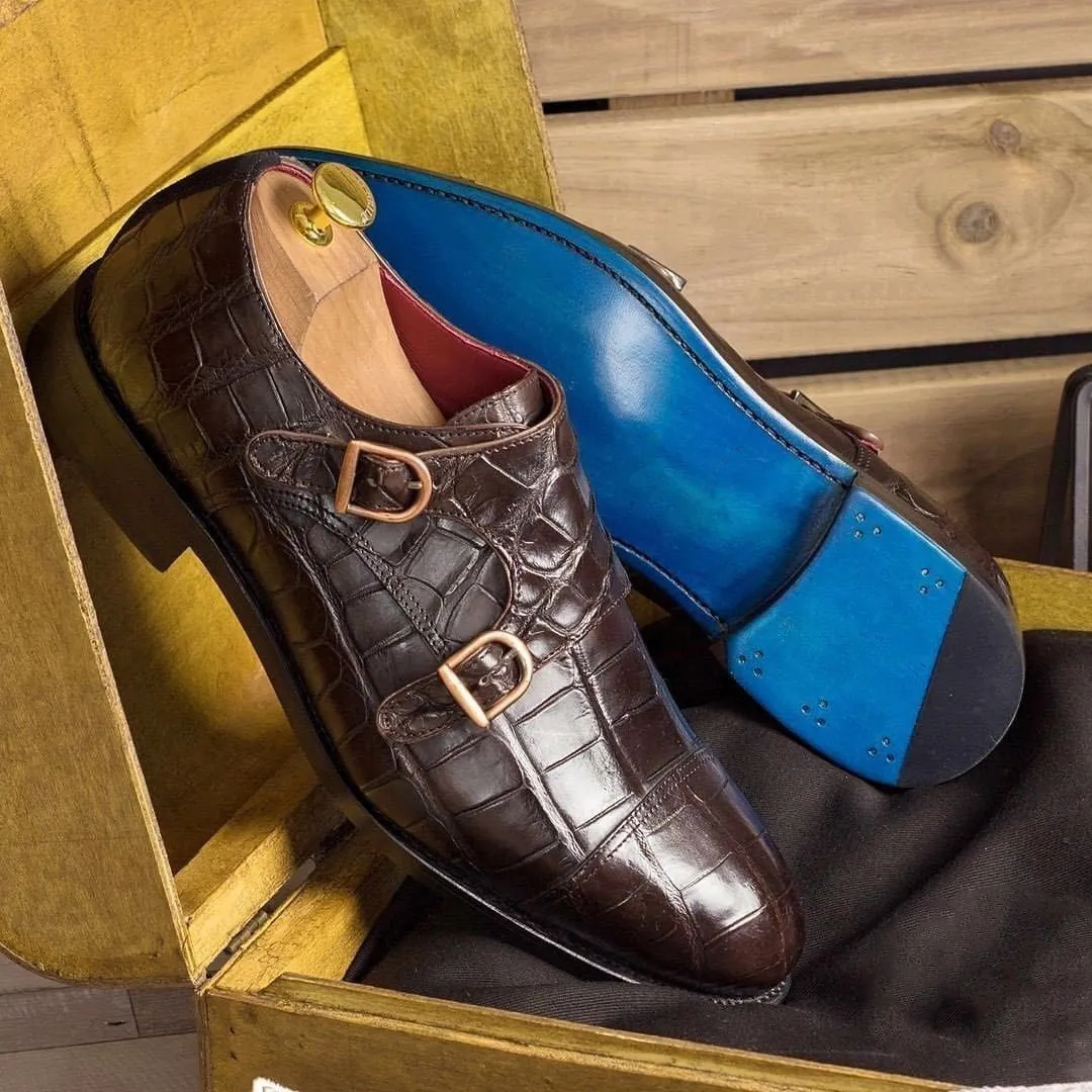 Goodyear Welted Brown Crocodile Print Leather Ruse Double Monk Straps sold by Costoso Italiano